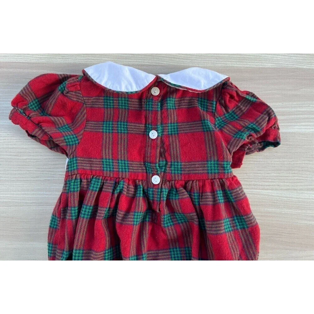 Smockingbird Wreath Smocked Red and Green Plaid Bubble One Piece Size 18M